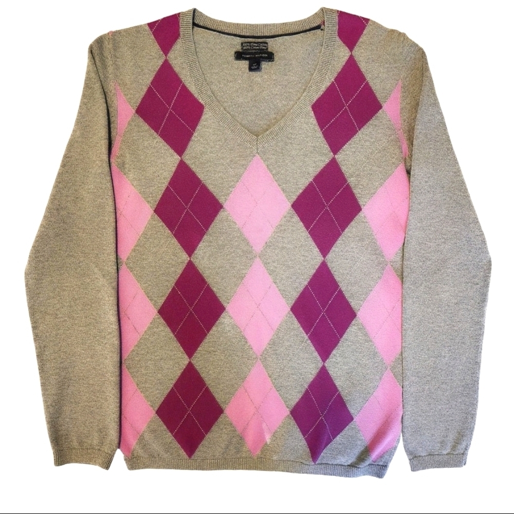 Tommy Hilfiger Y2K Argyle V-Neck Sweater Light Academia Pima Cotton Pink Small